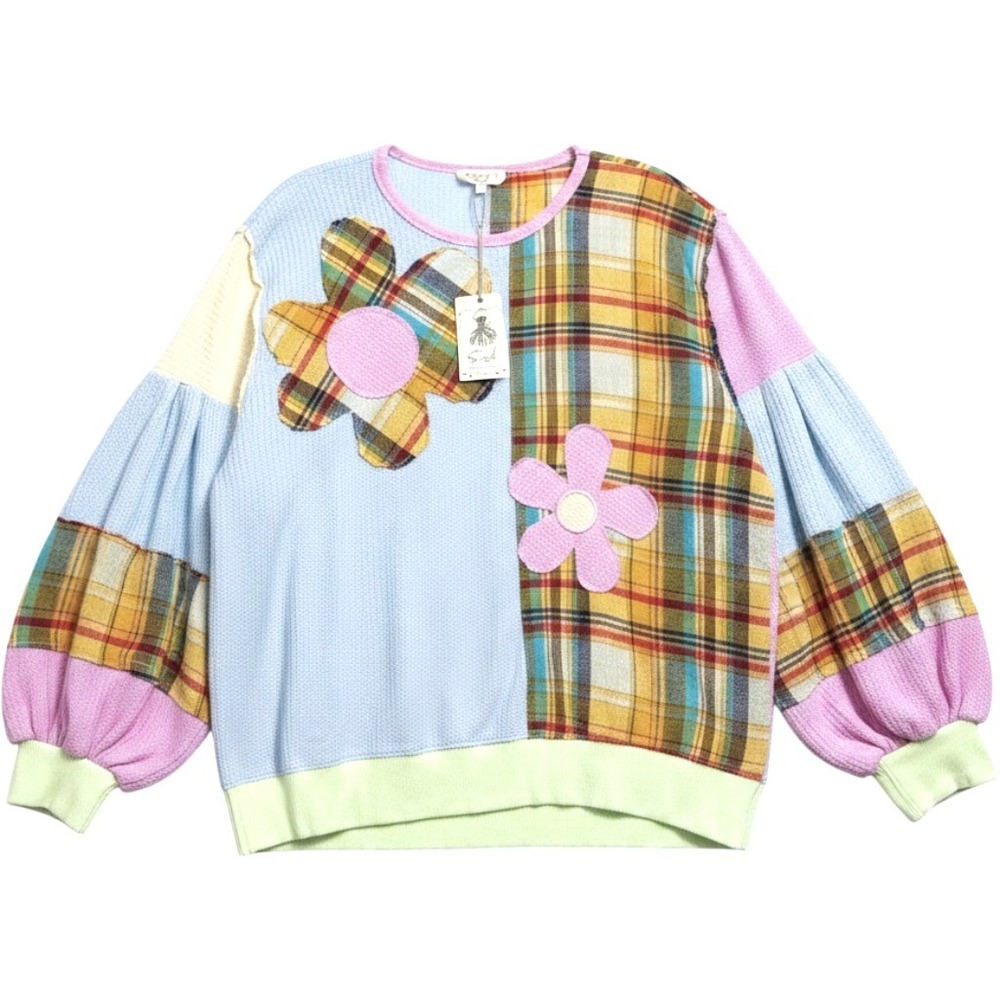 Easel Patchwork Plaid Flower Waffle Knit Top Boho Cottagecore Women Large